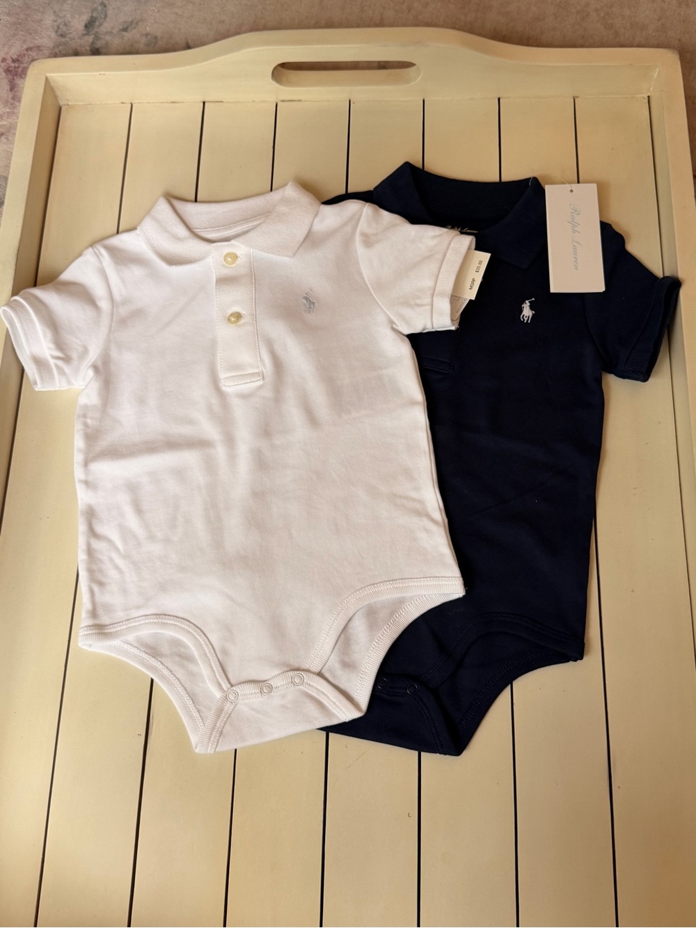 2 NWT Ralph Lauren Navy and White Polo Baby Onesie